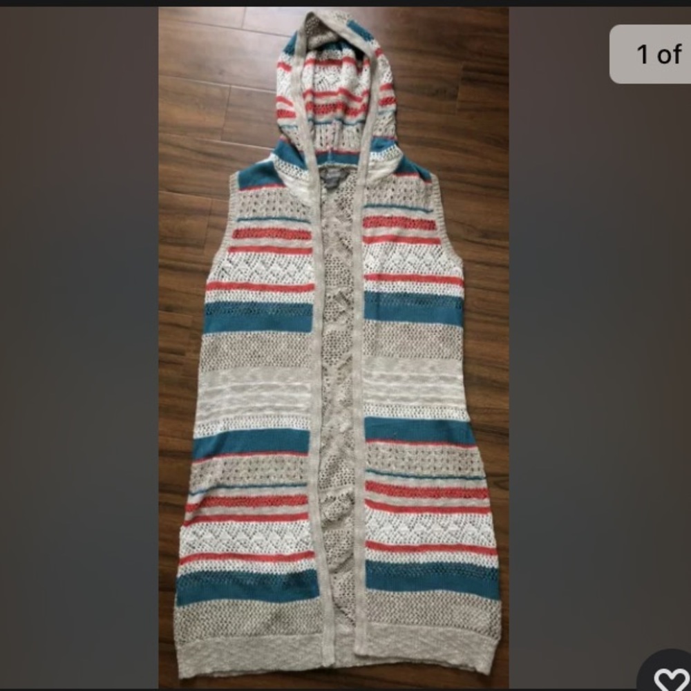 ✨NWOT ~Natural Reflections ~ Long Crochet Hooded Sleeveless Cardigan ~ Ladies M